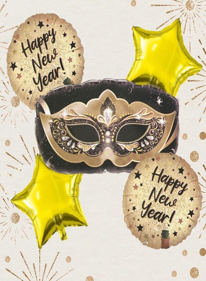AMFIN (Pack of 5) New Year Foil Balloon Decoration Set with Masquerade Mask, Gold Star and Black Round Foil Balloons for New Year Eve Celebrations Party Decor - Image 4